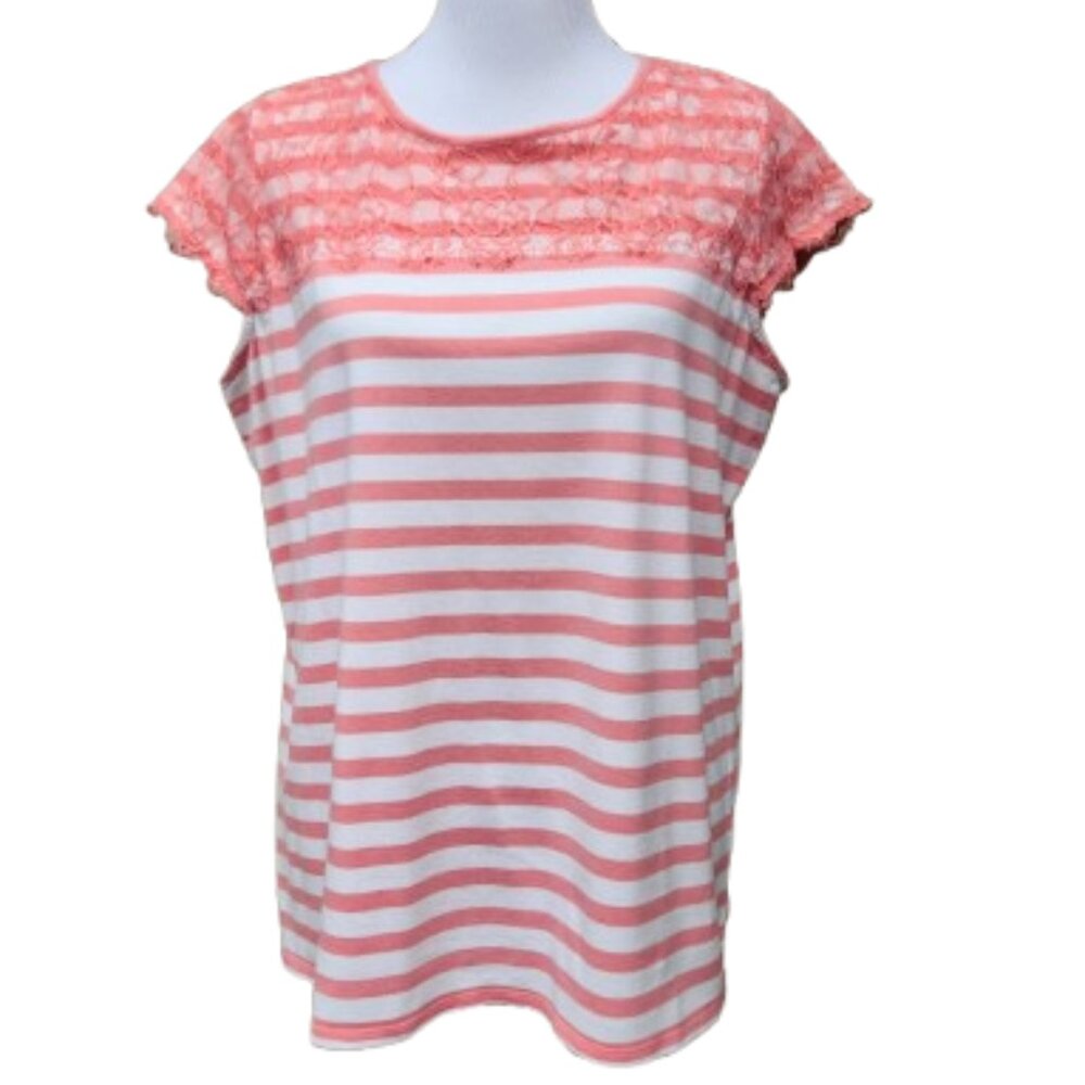 ELLE Mixed Media Striped Blouse Coral Pink White Lace Cap Sleeves